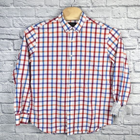 Bugatchi Men Colorful Button Long Sleeve Casual Shaped Fit Flip Cuff Shirt Sz XL - Picture 2 of 9